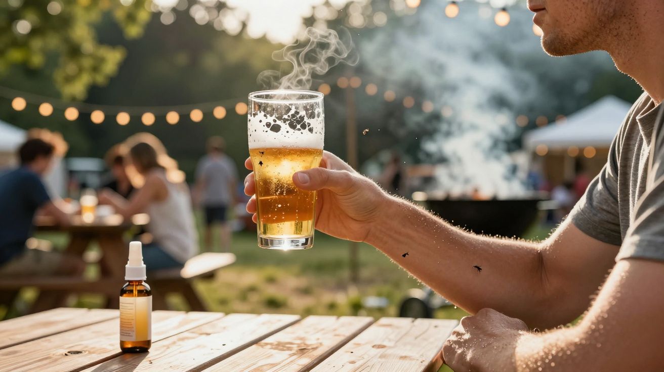 Osoba trzymająca kufel piwa na stoliku piknikowym, w tle wieczorne oświetlenie ogrodu.