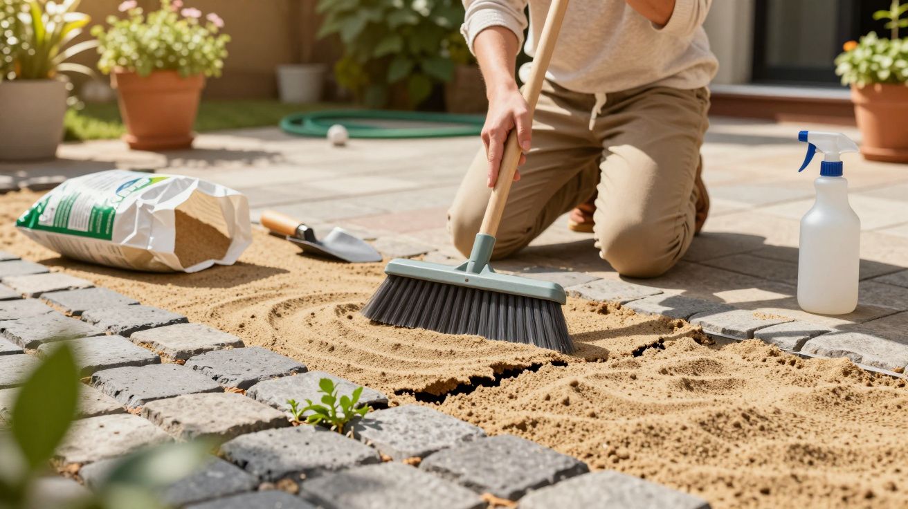 Osoba zamiata piasek między kostkami brukowymi na tarasie, z narzędziami ogrodowymi w tle.