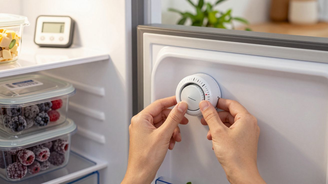 Osoba dostosowuje pokrętło temperatury wewnątrz otwartej lodówki.