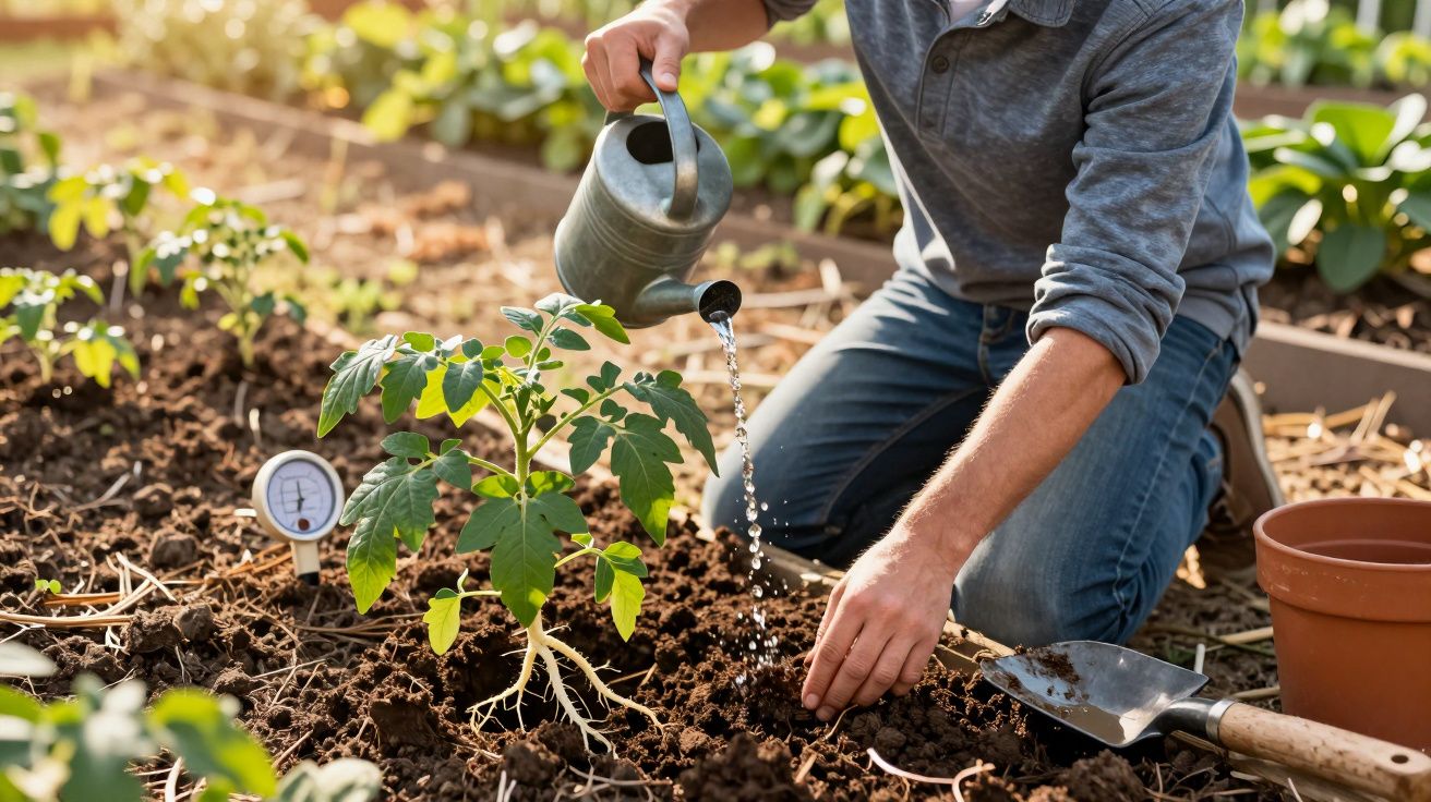 Osoba podlewająca roślinę ogrodową konewką w słoneczny dzień, obok termometr i szpadel.