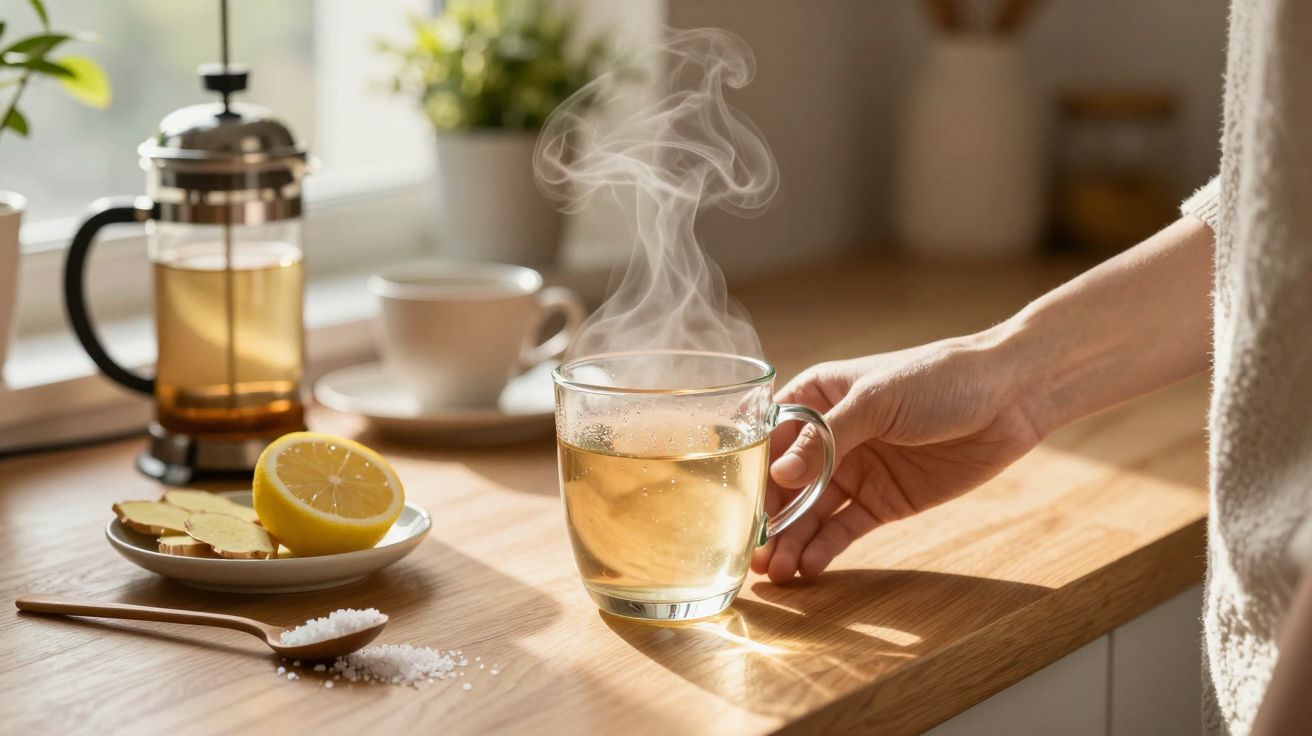 Osoba trzyma kubek gorącej herbaty na blacie, obok kawałki cytryny i imbir.