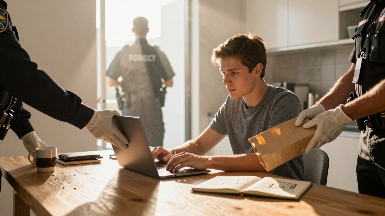 Mężczyzna przy komputerze nadzorowany przez policjantów, jeden z nich dotyka laptopa, drugi trzyma kopertę.