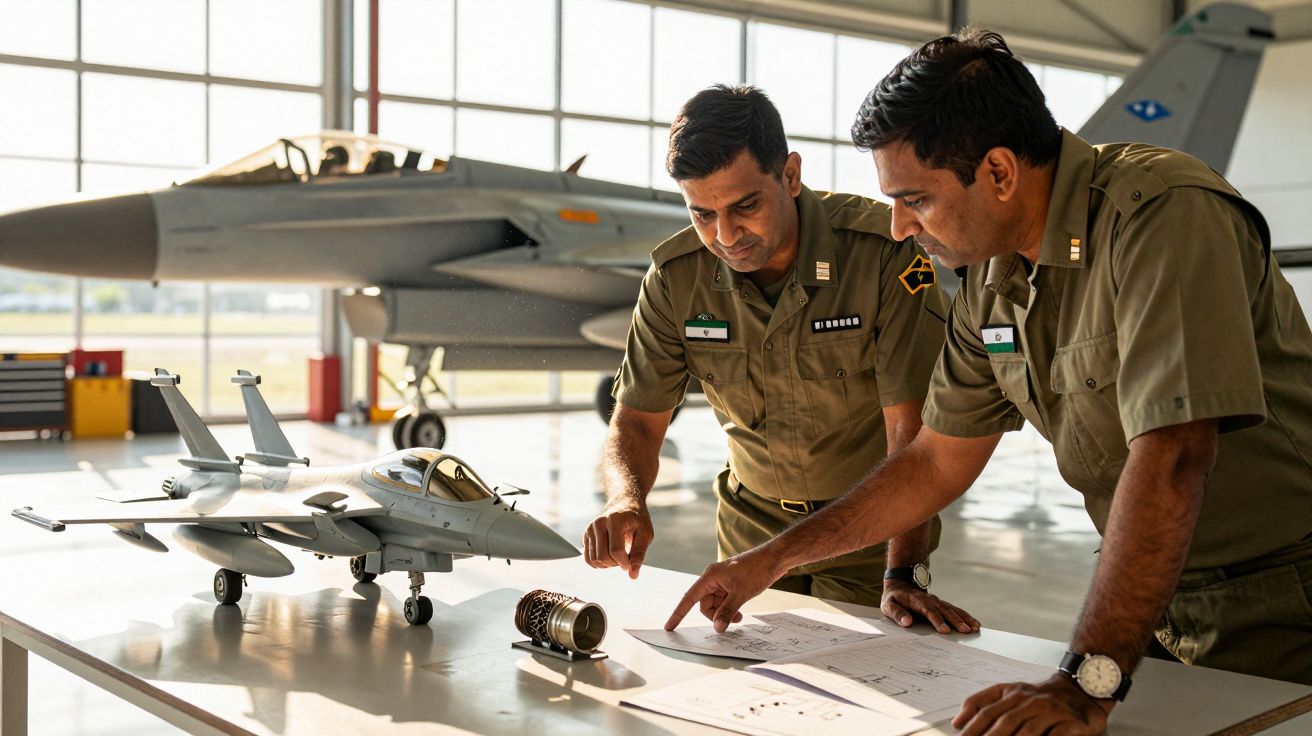 Dwóch mężczyzn w mundurach ogląda plany i model samolotu bojowego na stole w hangarze.