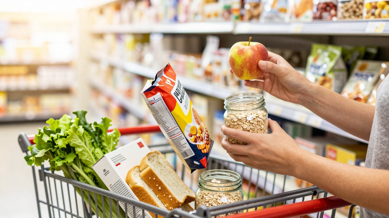 Osoba robiąca zakupy w supermarkecie trzyma jabłko i słoik płatków, wózek z warzywami, pieczywem i płatkami.