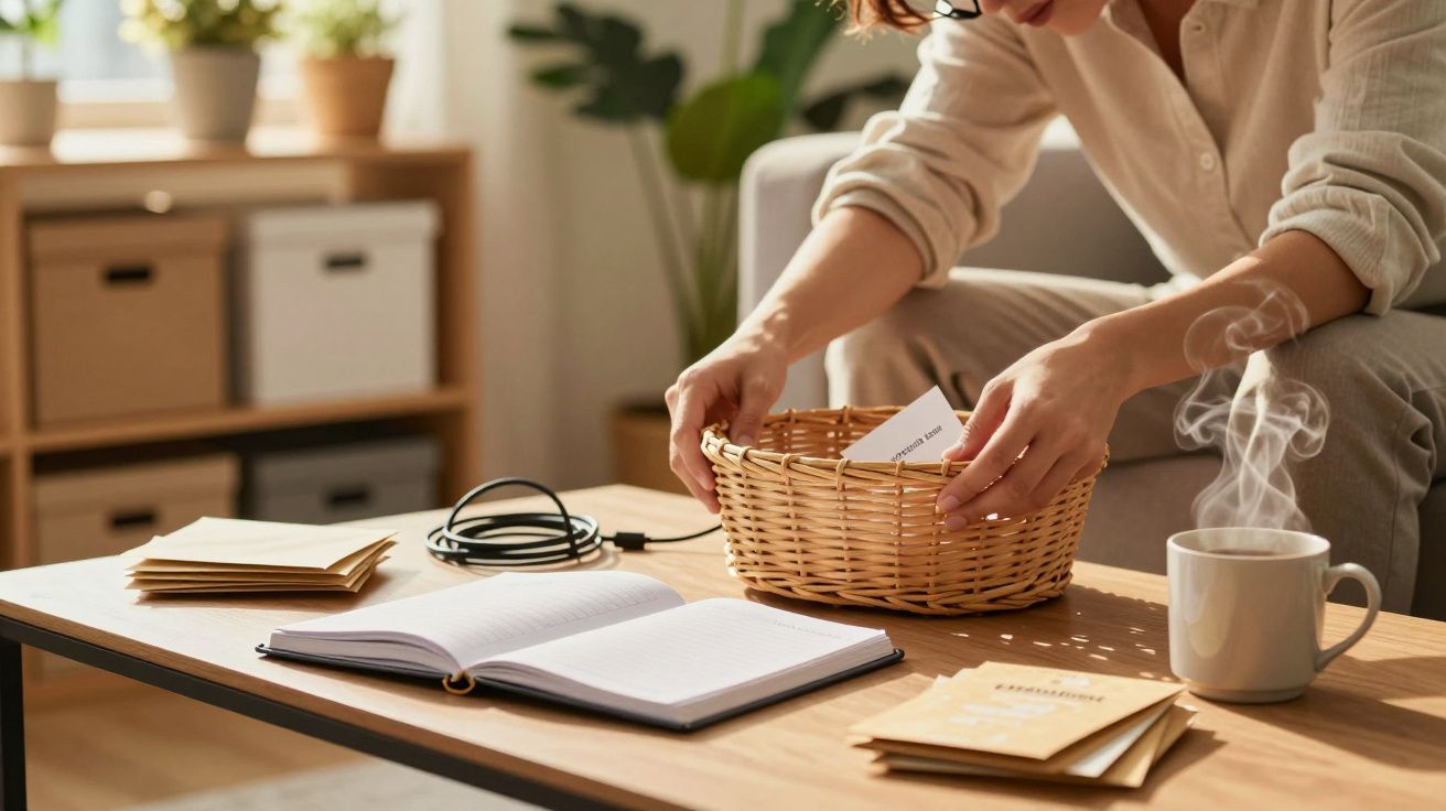 Osoba wkłada kartkę do wiklinowego koszyka na stole; obok otwarty notes i filiżanka z parującym napojem.