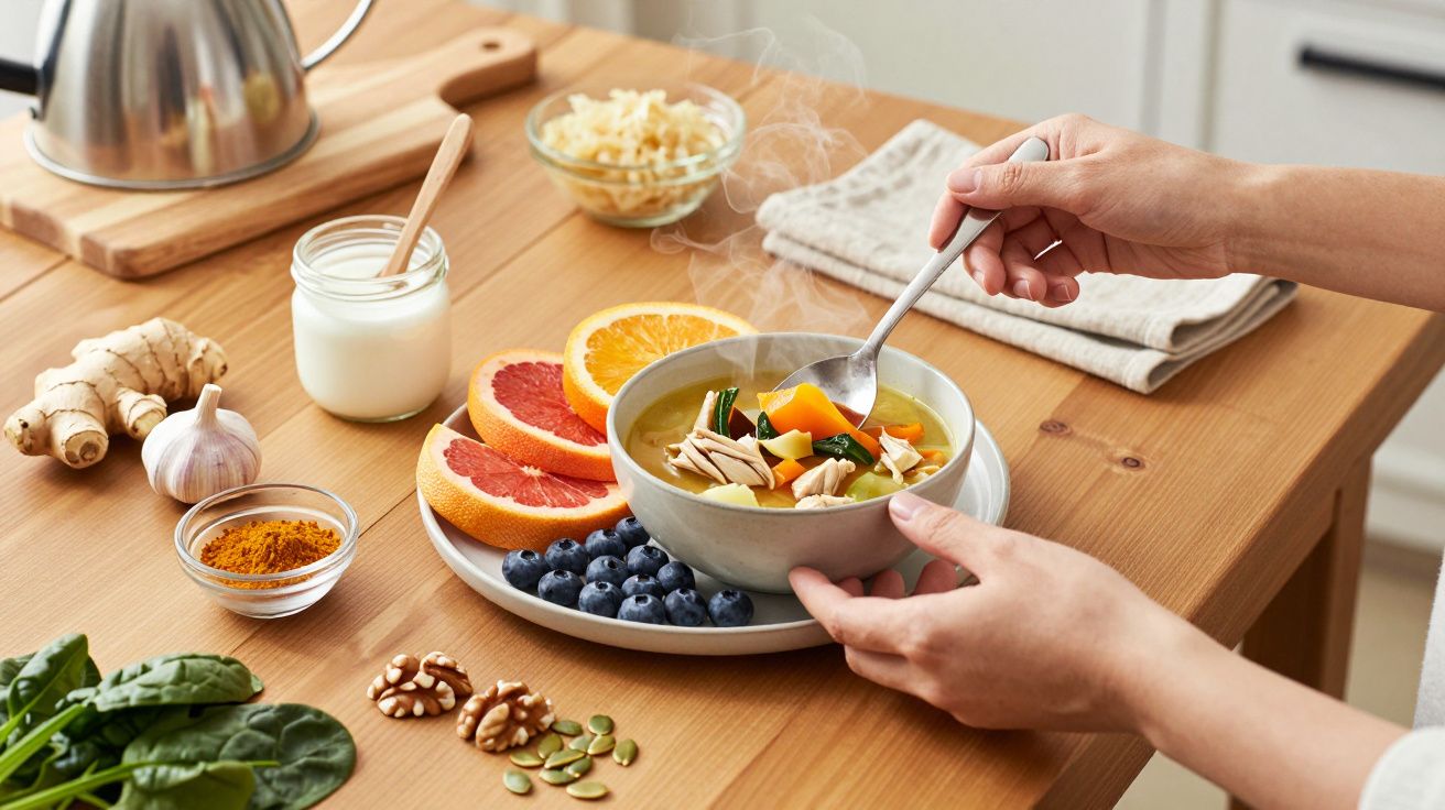 Osoba trzyma miseczkę zupy na stole z owocami i przyprawami; w tle jogurt, czosnek i imbir.