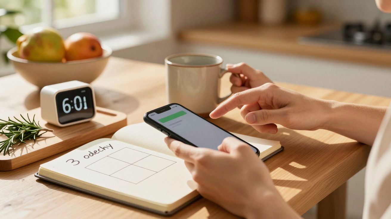 Osoba przy stole z telefonem, kubkiem, zegarem i notesem z napisem "3 oddechy". Poranek w jasnej kuchni.