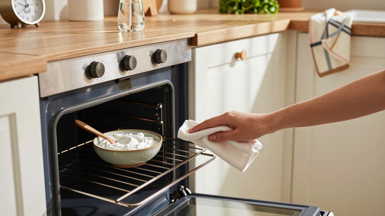 Osoba wkłada ceramiczną miskę z białą zawartością do rozgrzanego piekarnika, trzymając ściereczkę.
