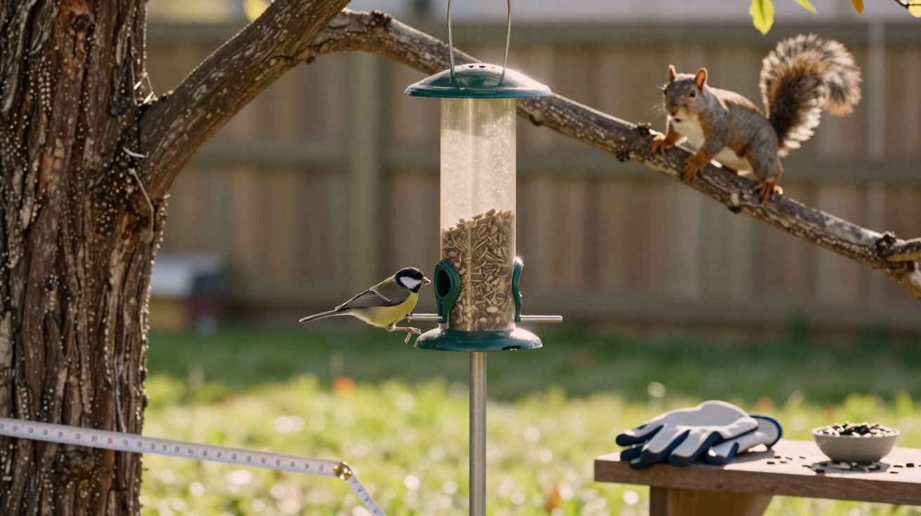 Ptak przy karmniku na drzewie, wiewiórka obserwuje z gałęzi. Obok leżą rękawice i miska.