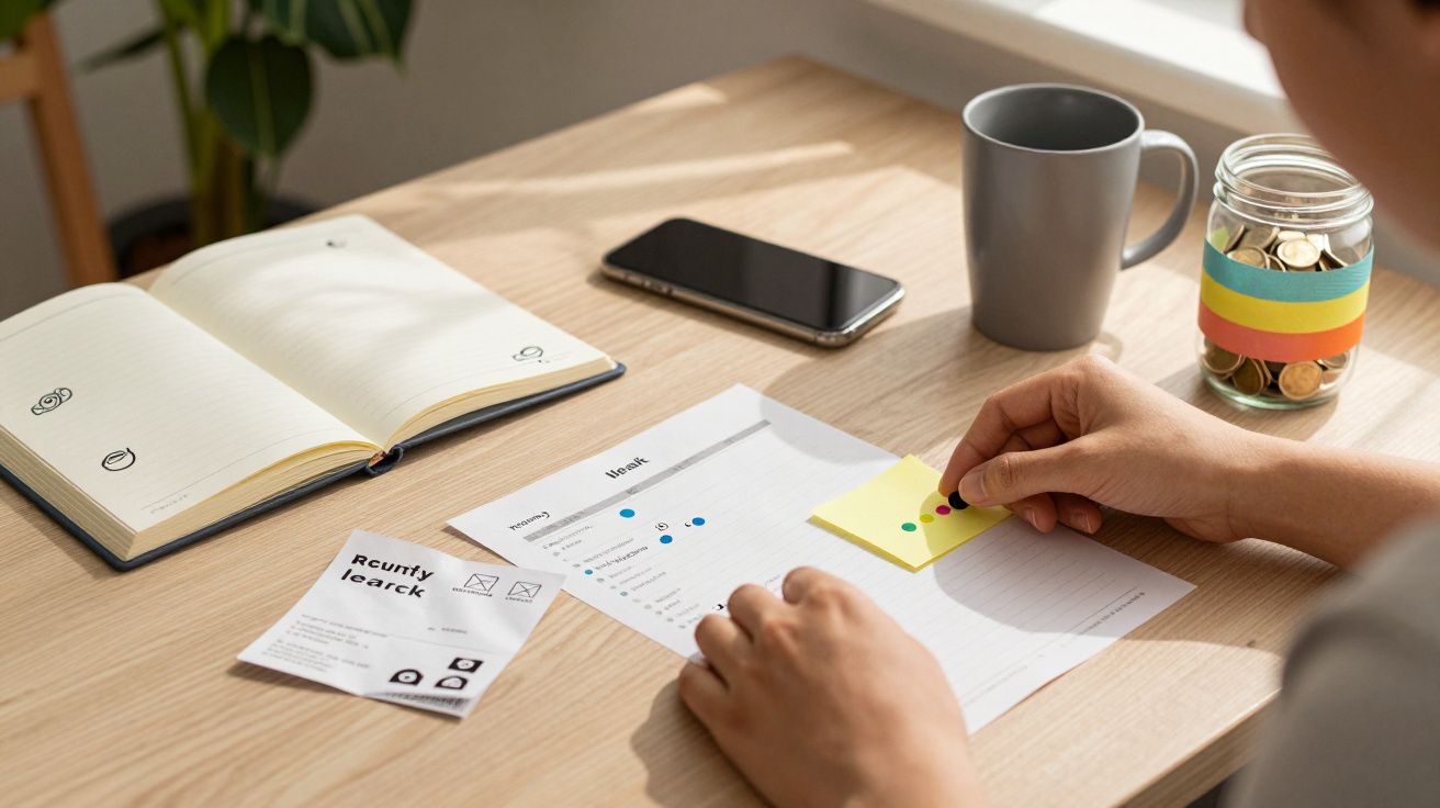 Osoba nakleja kolorową kropkę na dokument przy biurku z notatnikiem, telefonem i kubkiem.