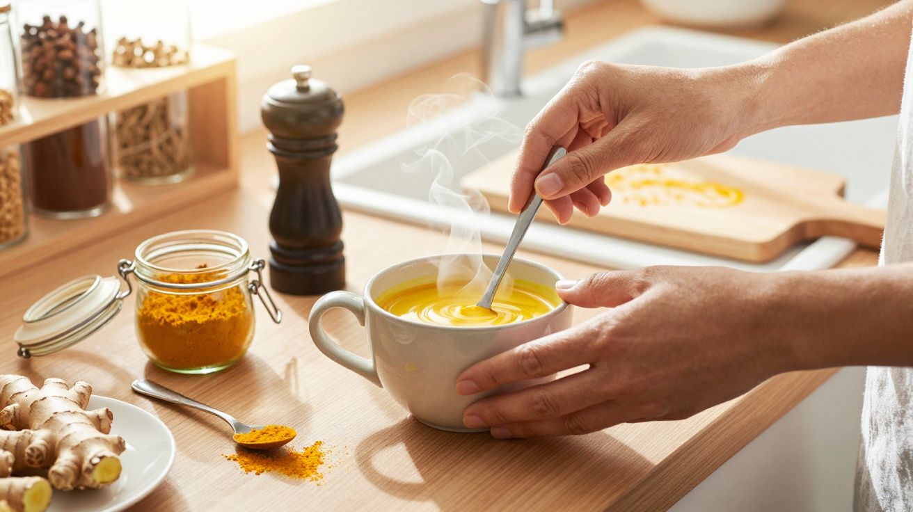 Osoba mieszająca parujący napój w kubku, obok słoik z przyprawą i imbir na blacie.