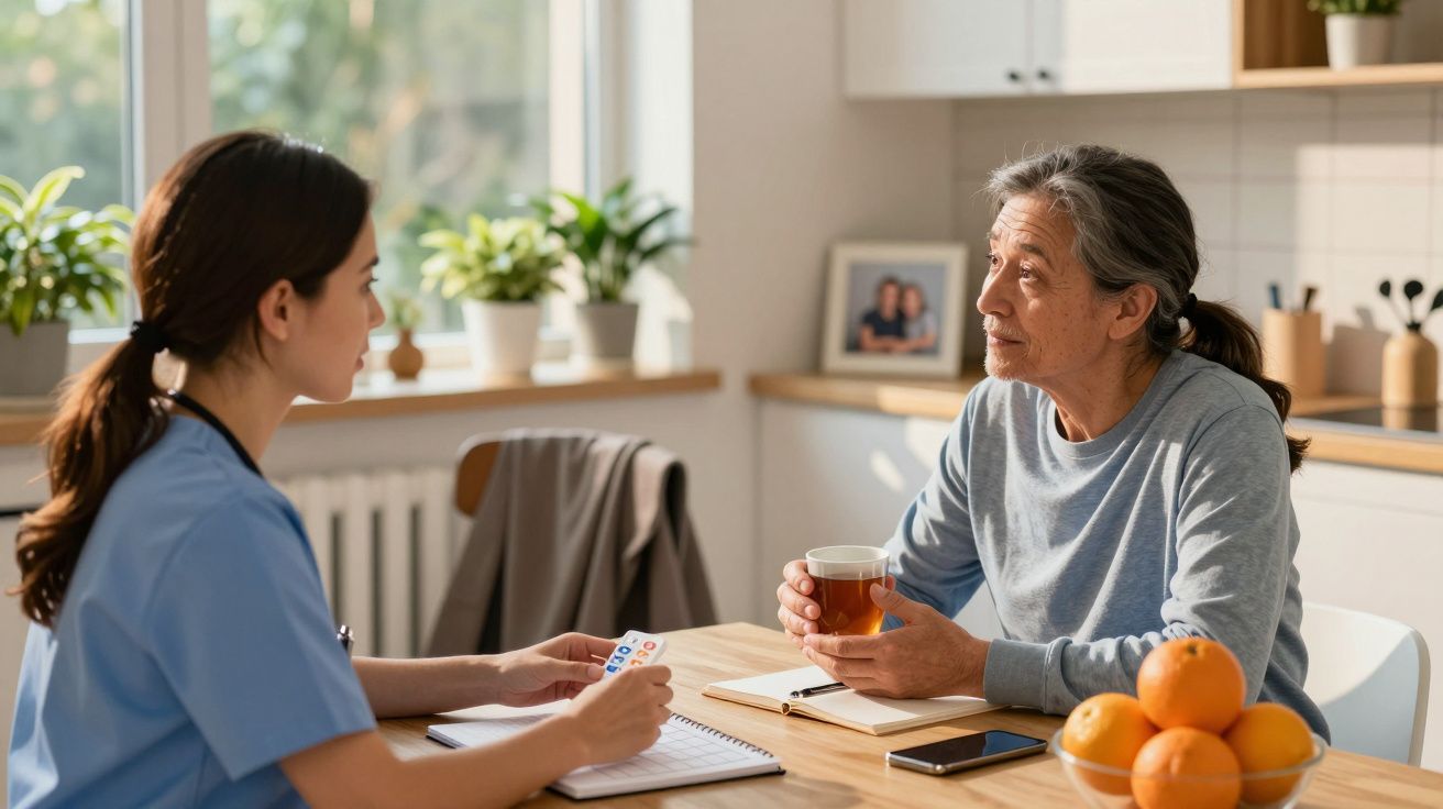Kobieta w niebieskim mundurze medycznym rozmawia z mężczyzną przy stole w kuchni; obok leżą pomarańcze i notatnik.
