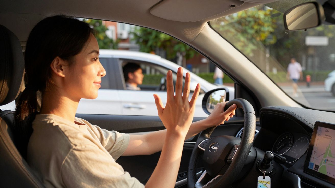 Kobieta w samochodzie uśmiecha się i macha do kogoś na zewnątrz podczas jazdy.