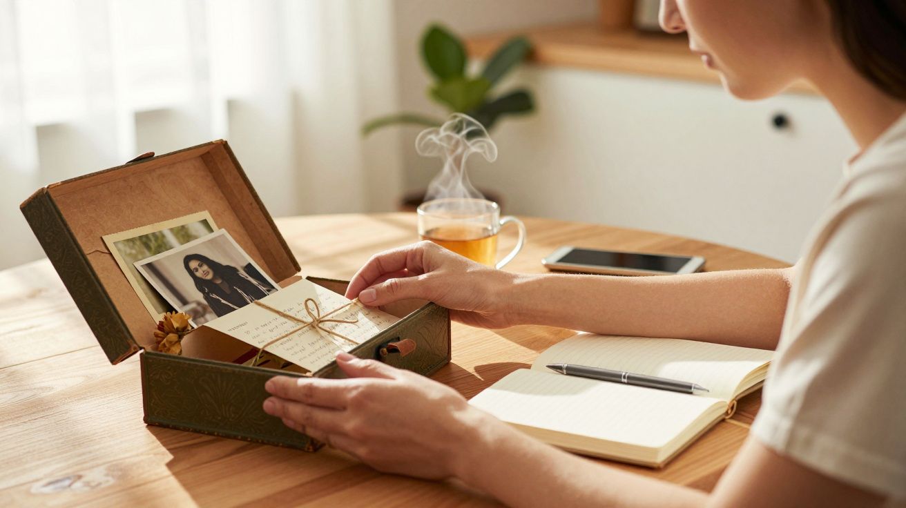 Kobieta przy stole otwiera pudełko z fotografiami, obok notatnik, długopis i filiżanka herbaty.