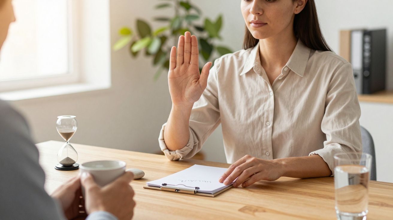 Kobieta sedzi gestem dłoni na przód podczas rozmowy przy stole, obok klepsydra i notes.
