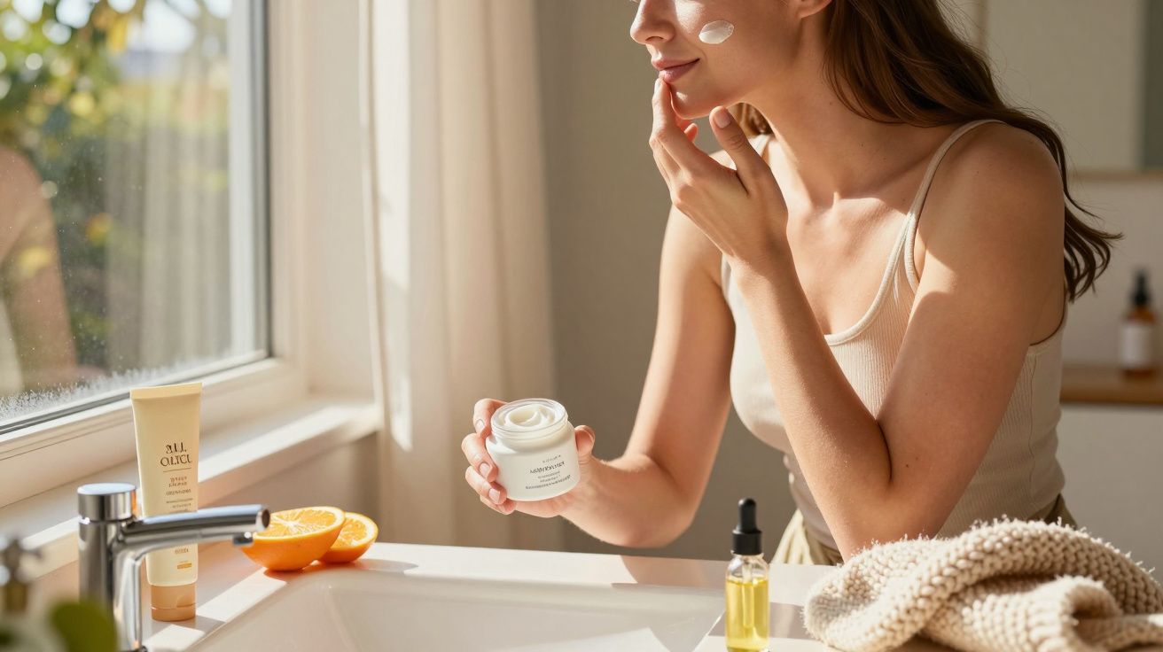 Kobieta nakłada krem na twarz w jasnej łazience, przy oknie z owocami i kosmetykami.