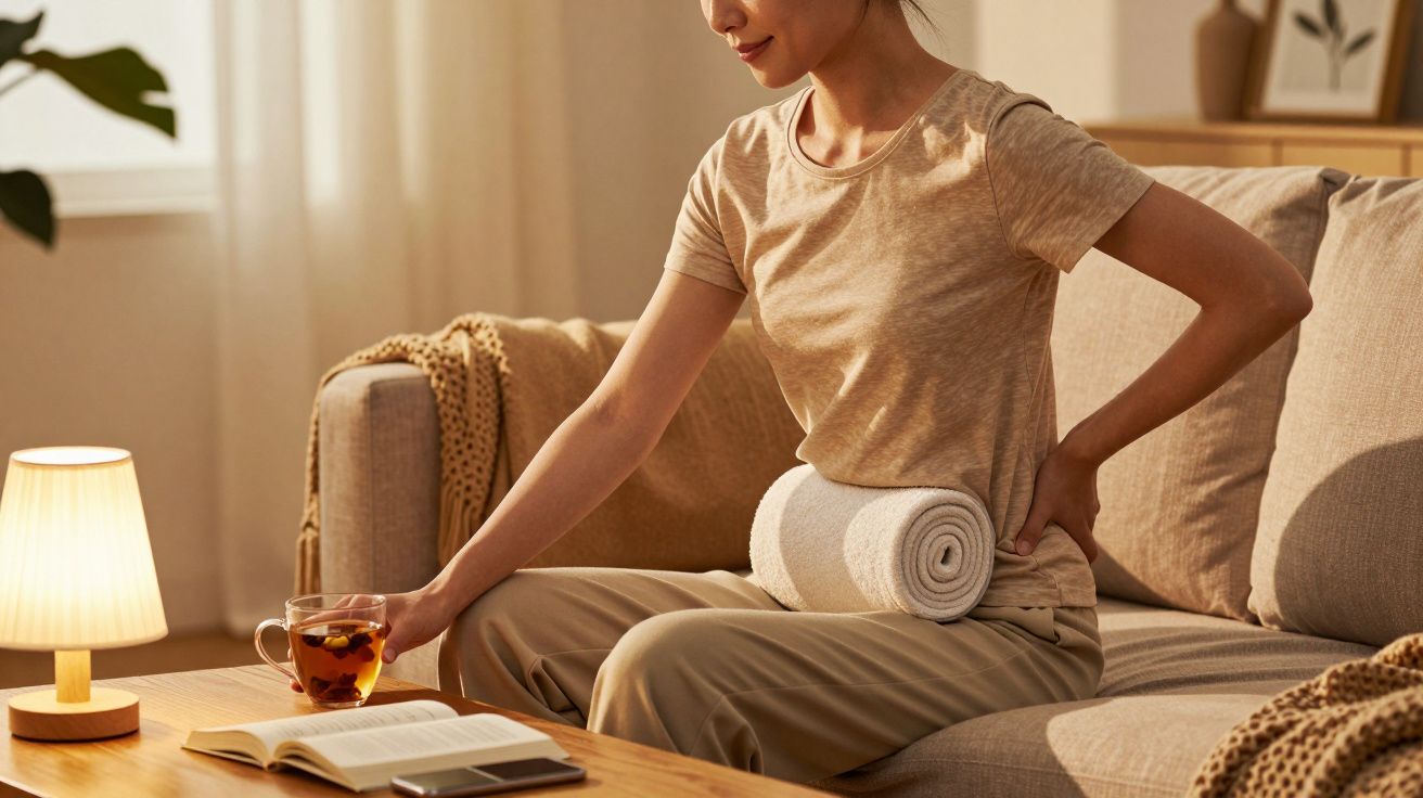 Kobieta siedzi na kanapie z poduszką lędźwiową, sięgając po herbatę. Obok książka i lampa stołowa.
