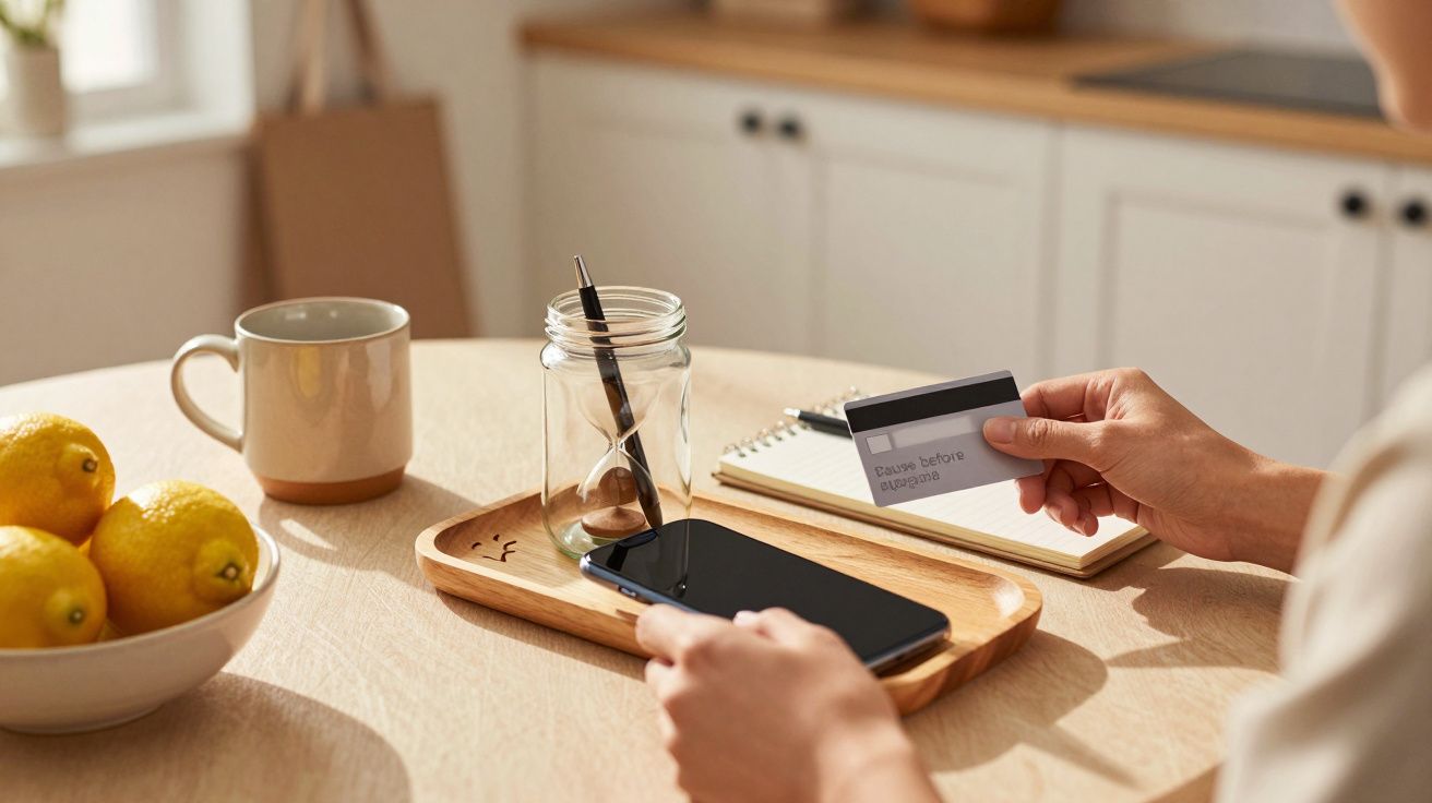 Osoba przy stole z telefonem, kartą płatniczą, długopisem w słoiku i filiżanką.