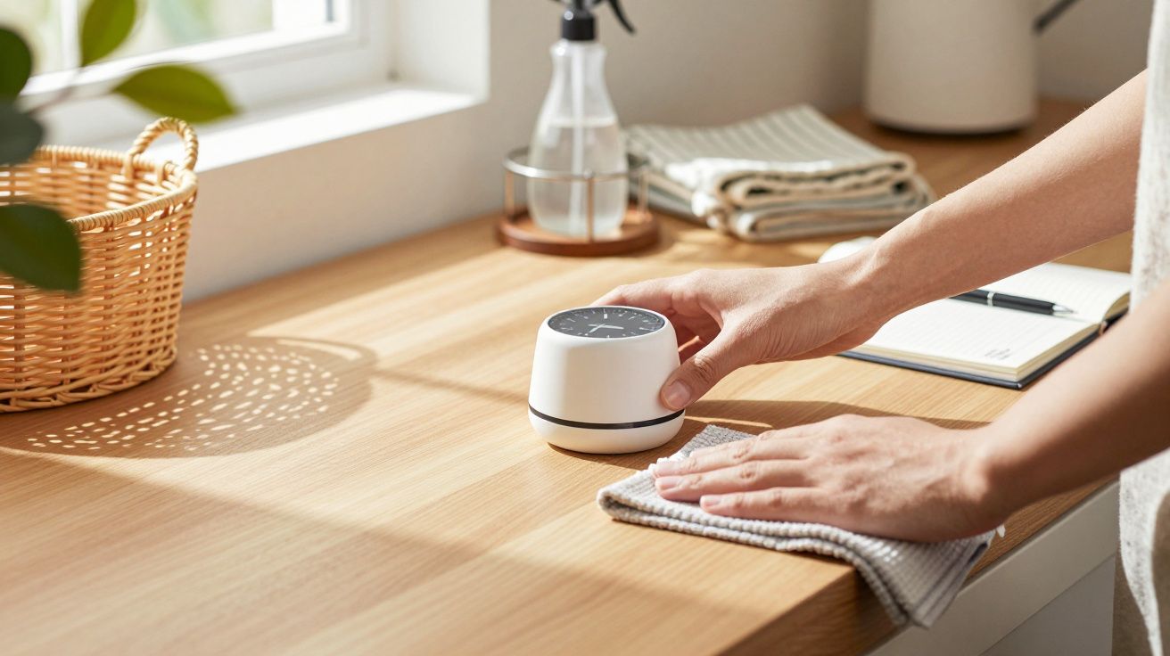 Osoba wyciera stół w kuchni, na którym stoi zegar i koszyk.