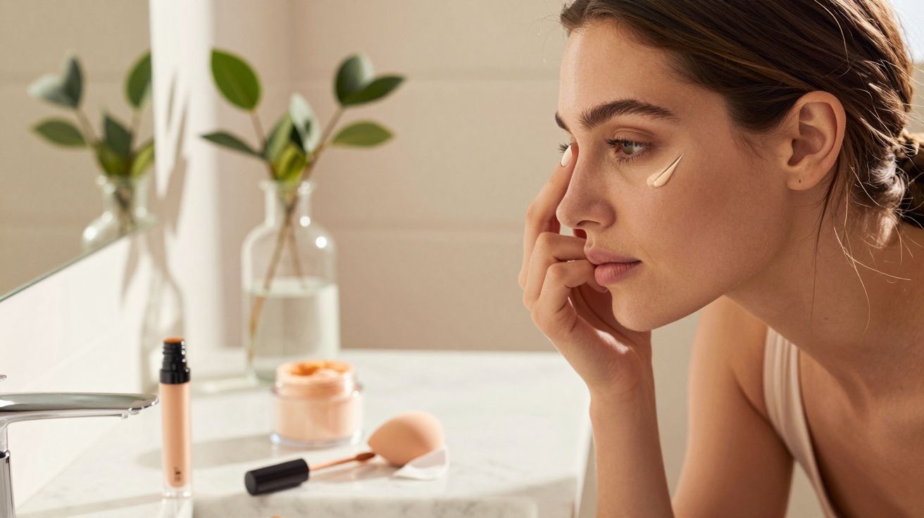 Kobieta nakłada krem pod oczy, stojąc przed lustrem w łazience, obok kosmetyki i roślina w wazonie.