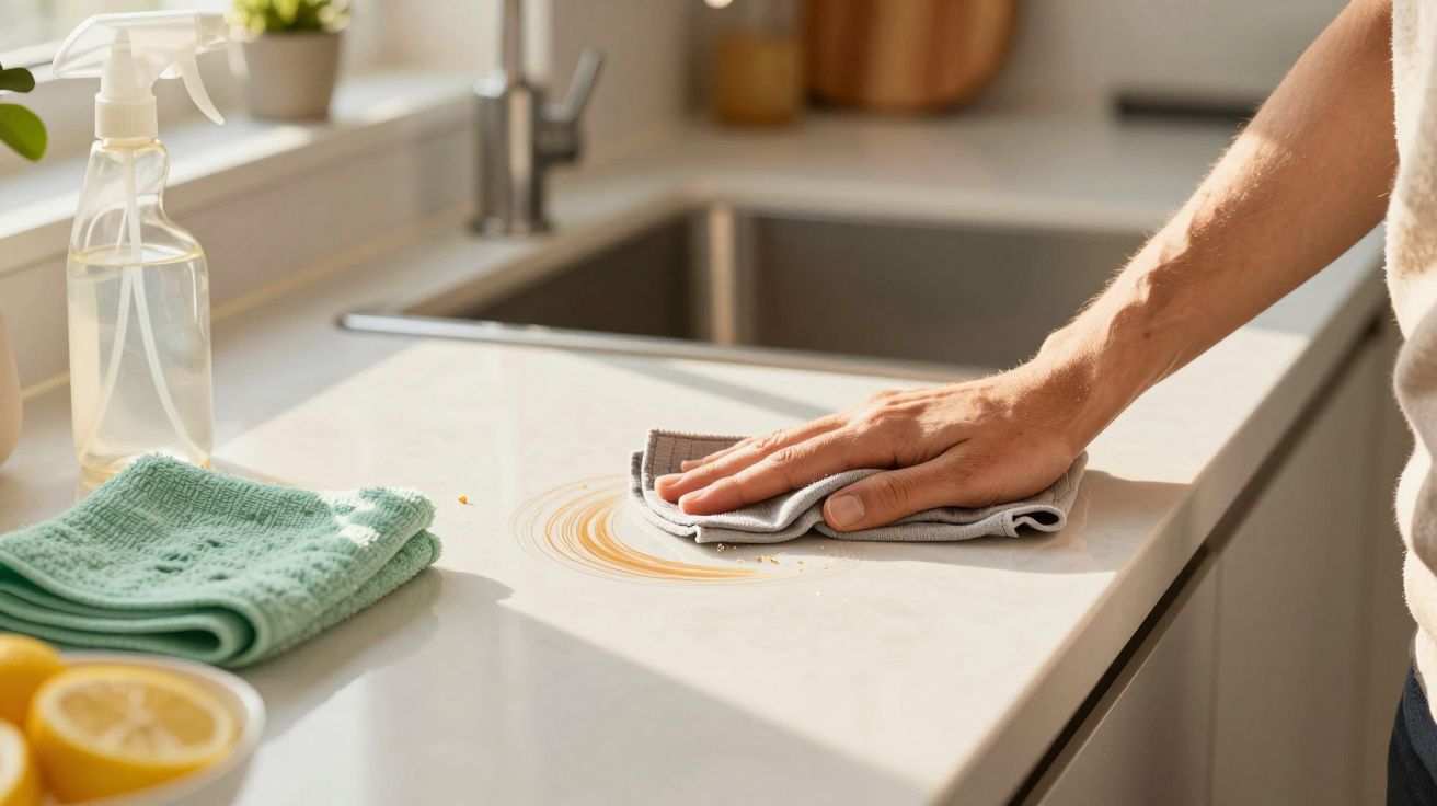 Ręka wyciera zabrudzoną kuchenną powierzchnię ściereczką obok zlewu.