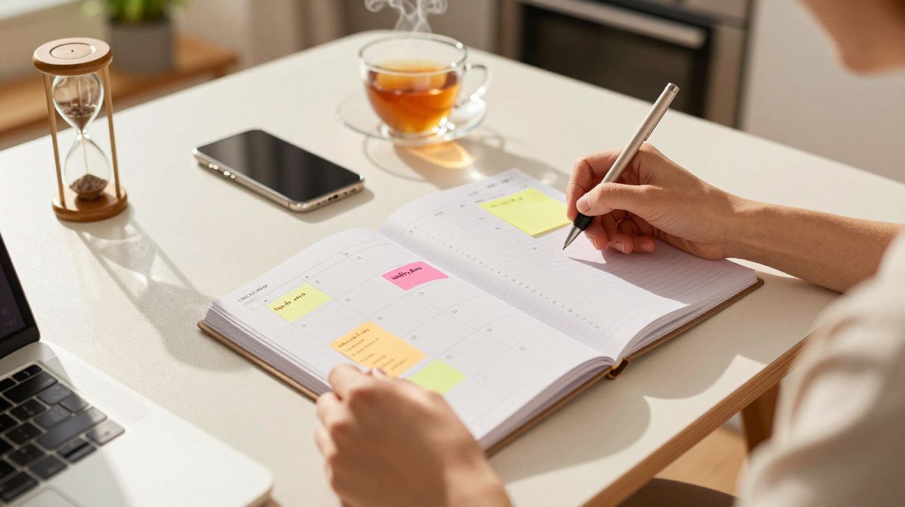 Osoba pisząca w kalendarzu na biurku z filiżanką herbaty, klepsydrą, laptopem i telefonem obok.