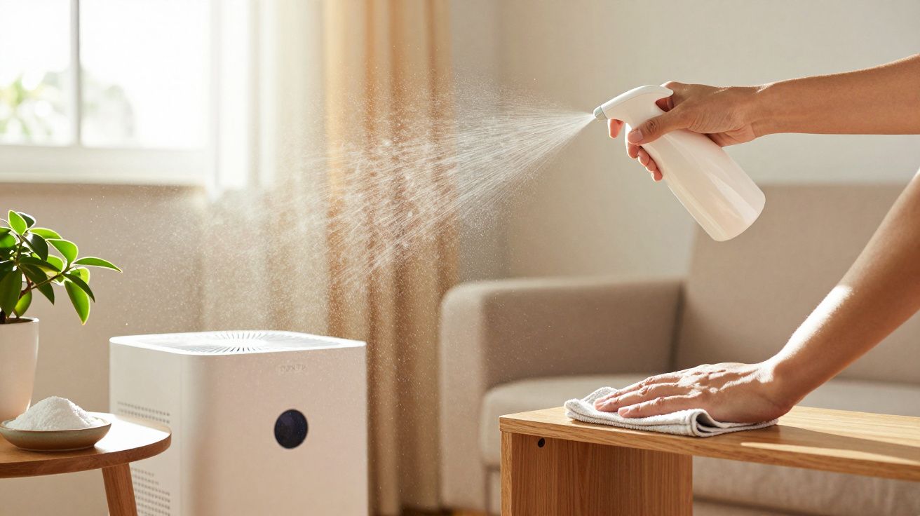 Osoba spryskująca stolik płynem czyszczącym w salonie, obok oczyszczacz powietrza i roślina na stole.