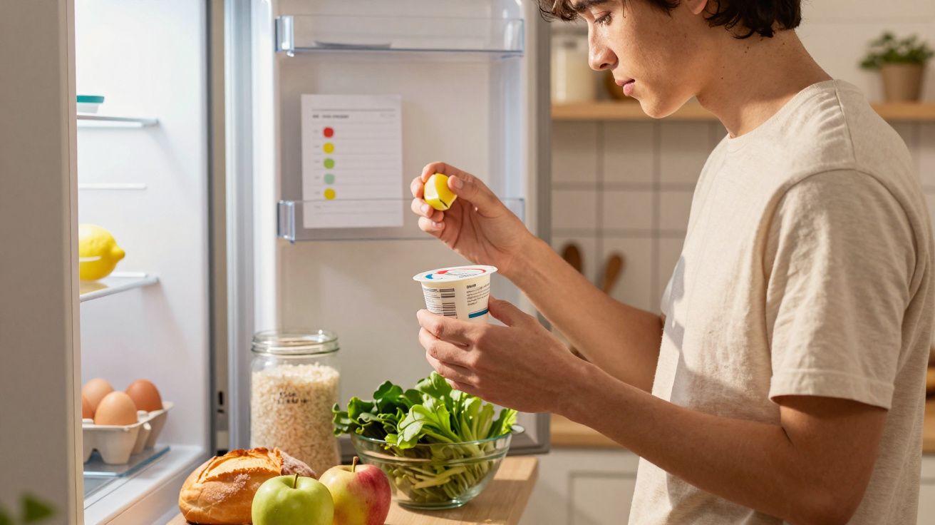 Mężczyzna w kuchni stoi przed otwartą lodówką, trzyma jogurt i dodaje miód. Na blacie leżą owoce i chleb.