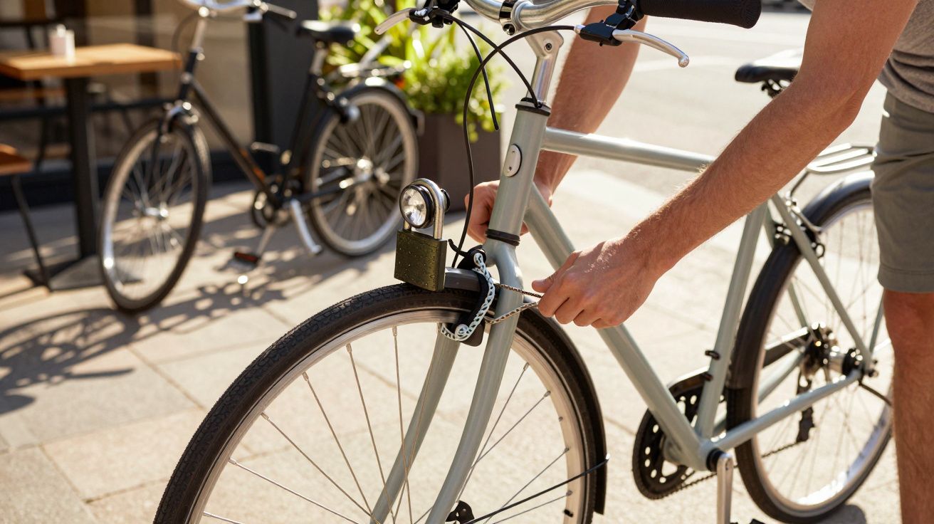 Mężczyzna przypina srebrny rower do stojaka za pomocą kłódki na ulicy.