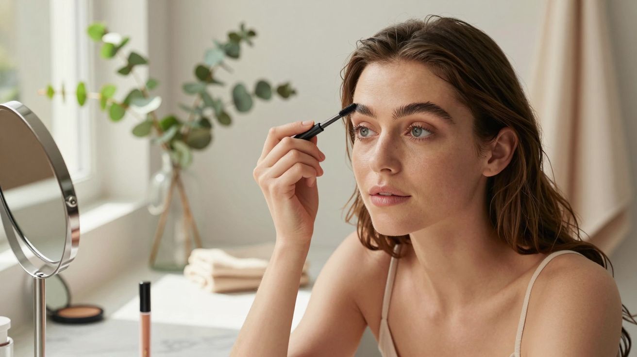 Kobieta nakłada tusz do rzęs siedząc przy lustrze na toaletce, w tle rośliny i naturalne światło.