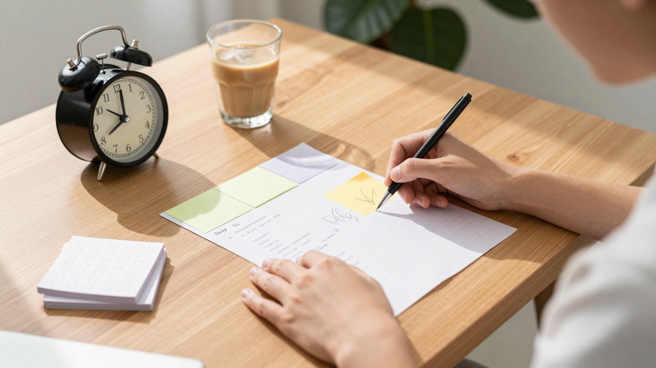 Osoba pisząca notatki przy biurku z filiżanką kawy i budzikiem obok.