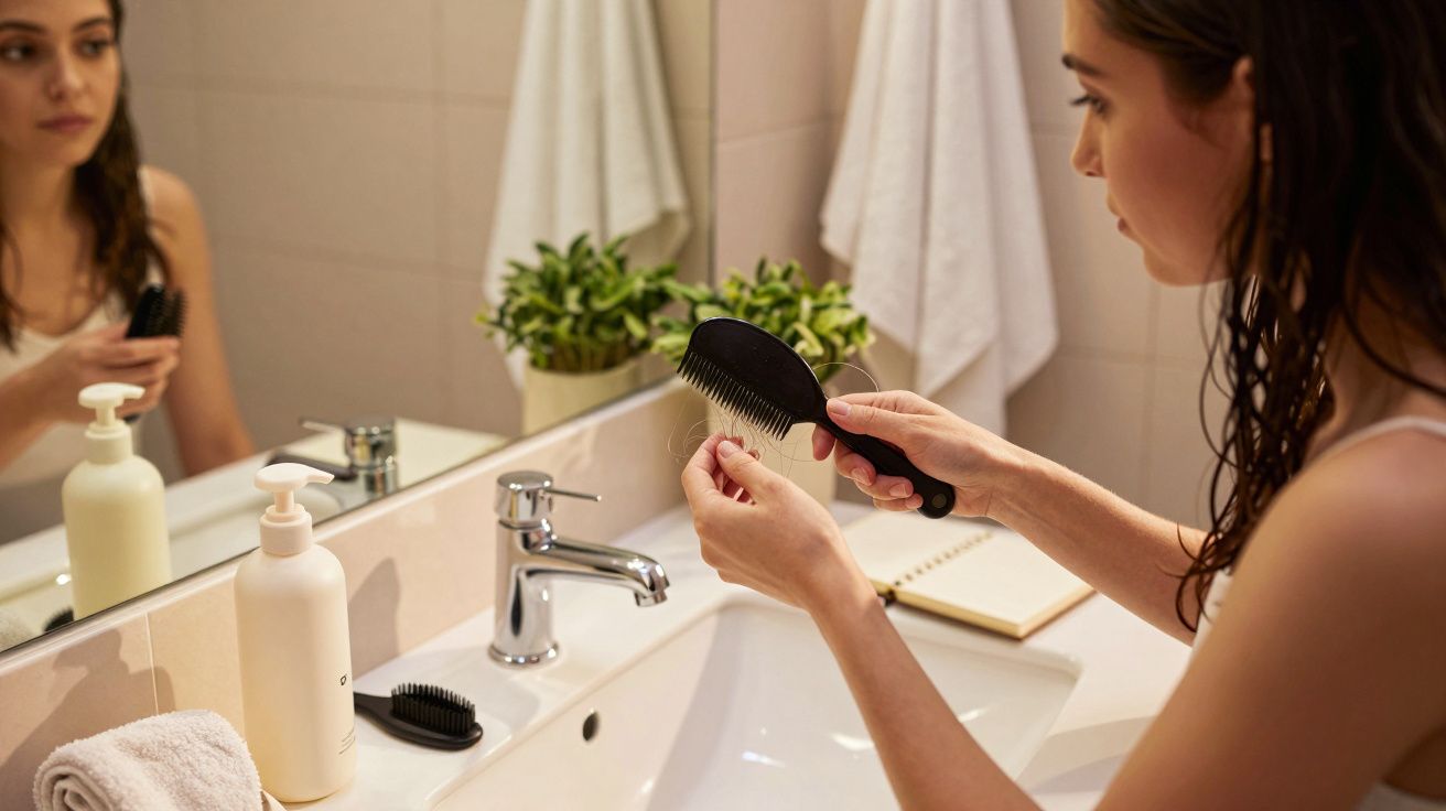 Kobieta czesząca włosy w łazience, trzymająca szczotkę, przy umywalce z lustrami i rośliną.