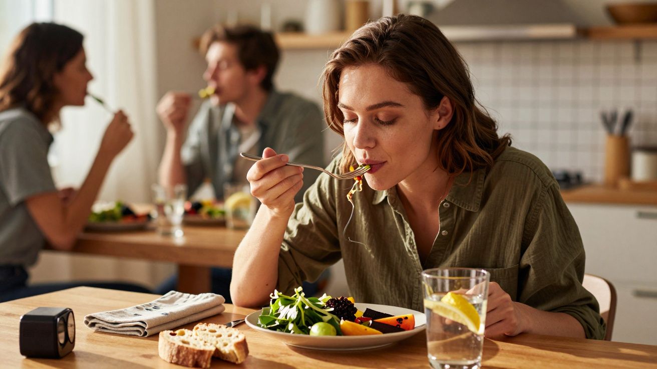 Kobieta jedząca sałatkę przy stole, w tle dwoje ludzi również jedzących posiłek.